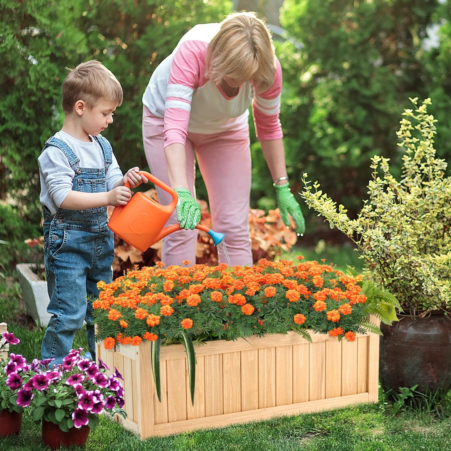 GRAFFY Raised Garden Bed, Folding Wood Planter Box w/Removable Bottom & Drainage, Elevated Planter for Flower Herb Vegetable Fruit, Plant Container for Grass Lawn Patio Backyard (27.5"D x 12"W x 10"H)
