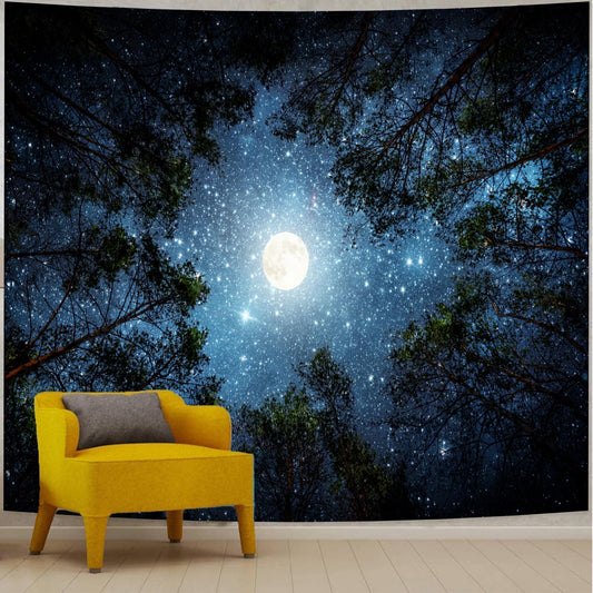 Apdidl Forest Galaxy Starry Tapestry for Bedroom Ceiling, Blue Space Night Starry Sky Moon Stars Tapestry Aesthetic, Tree Forest Milky Way Backdrop Wall Hanging for Dorm Living Room Decor (51" X 60")