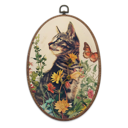 8" x 11" Vintage Cat Round Wall Art - Floral Canvas Framed Hanging Print Decor With Metal Hook - Farmhouse Home Bedroom Wall Decor Cat Lover Gift Supplies - A01