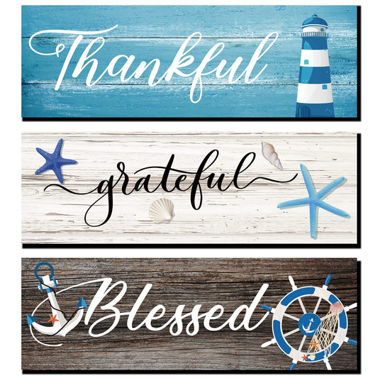Yookeer 3 Pieces Thankful Grateful Blessed Wooden Signs Coastal Rustic Wood Signs Wall Decor Beach Wood Front Hanging for Farmhouse Outdoor Decor(Coastal Style)