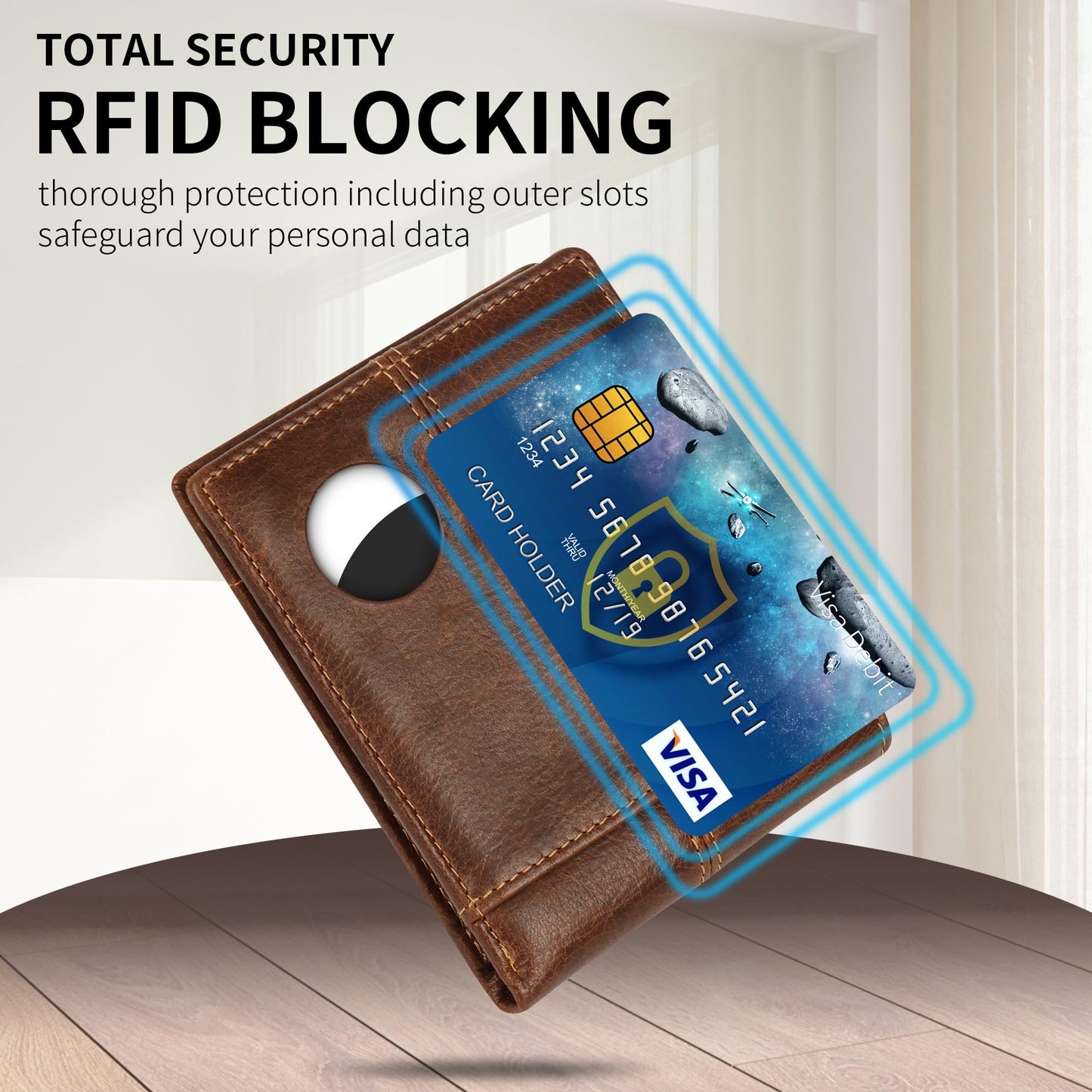Swallowmall AirTag Wallet Mens RFID Blocking Genuine Bifold Leather Wallets for air tag Men's Wallet with 1 ID Window 15 Card Slots (Airtag Not included)