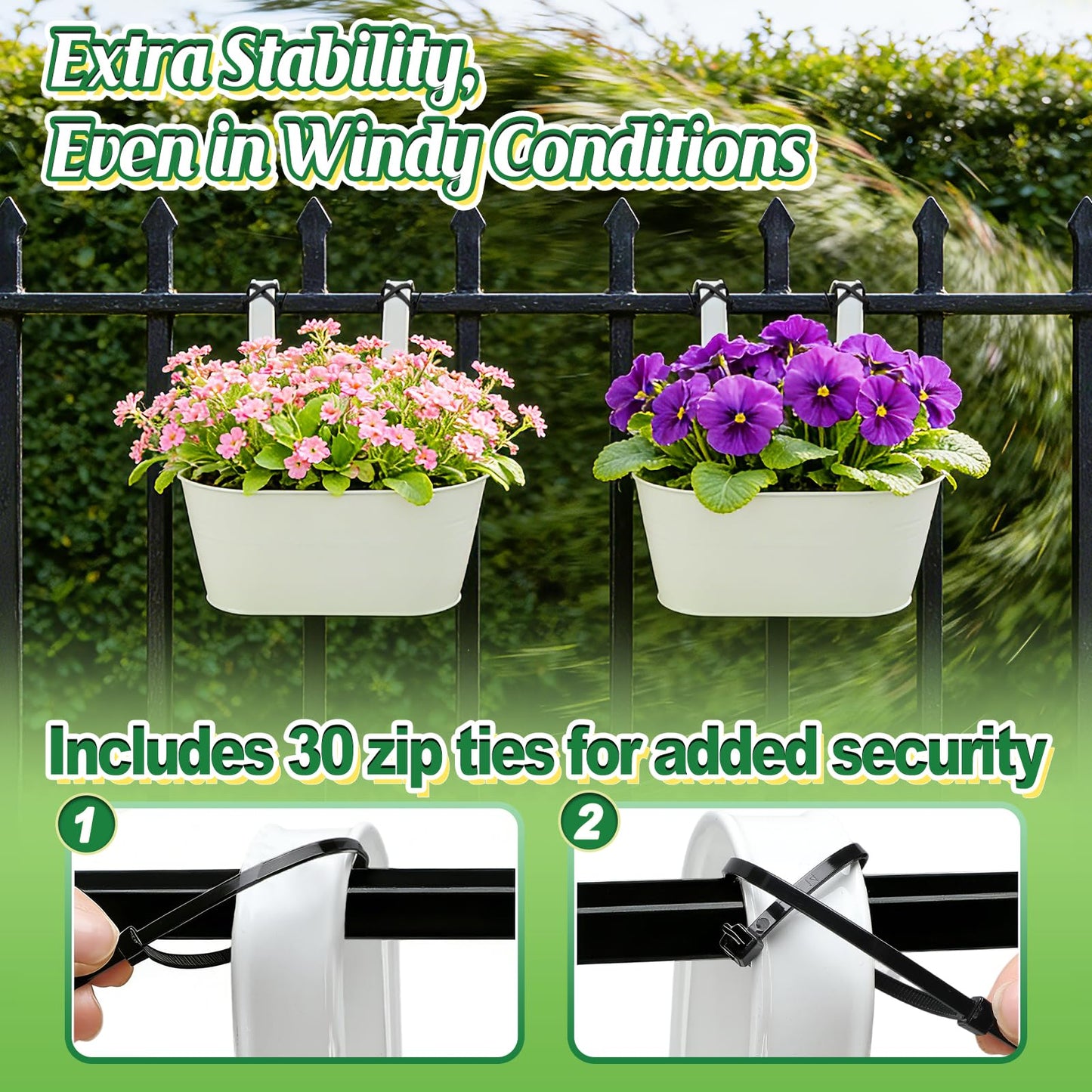 MADHOLLY Railing Planter with Drainage Holes - 6Pcs Sturdy Bucket Pots for Railing Fence, Countryside Style Metal Flower Pots for Herbs Balcony Garden Yard Decor, White