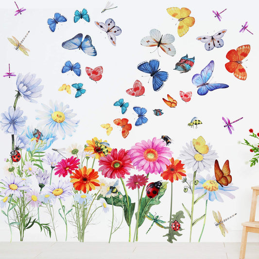 Zonon 64 Pcs Flowers and Butterflies Wall Decals, Wildflower Butterfly Dragonflies Decals for Wall, Removable PVC Garden Peel and Stick Walls Stickers Murals for Nursery Bedroom Office Decor(Colorful)