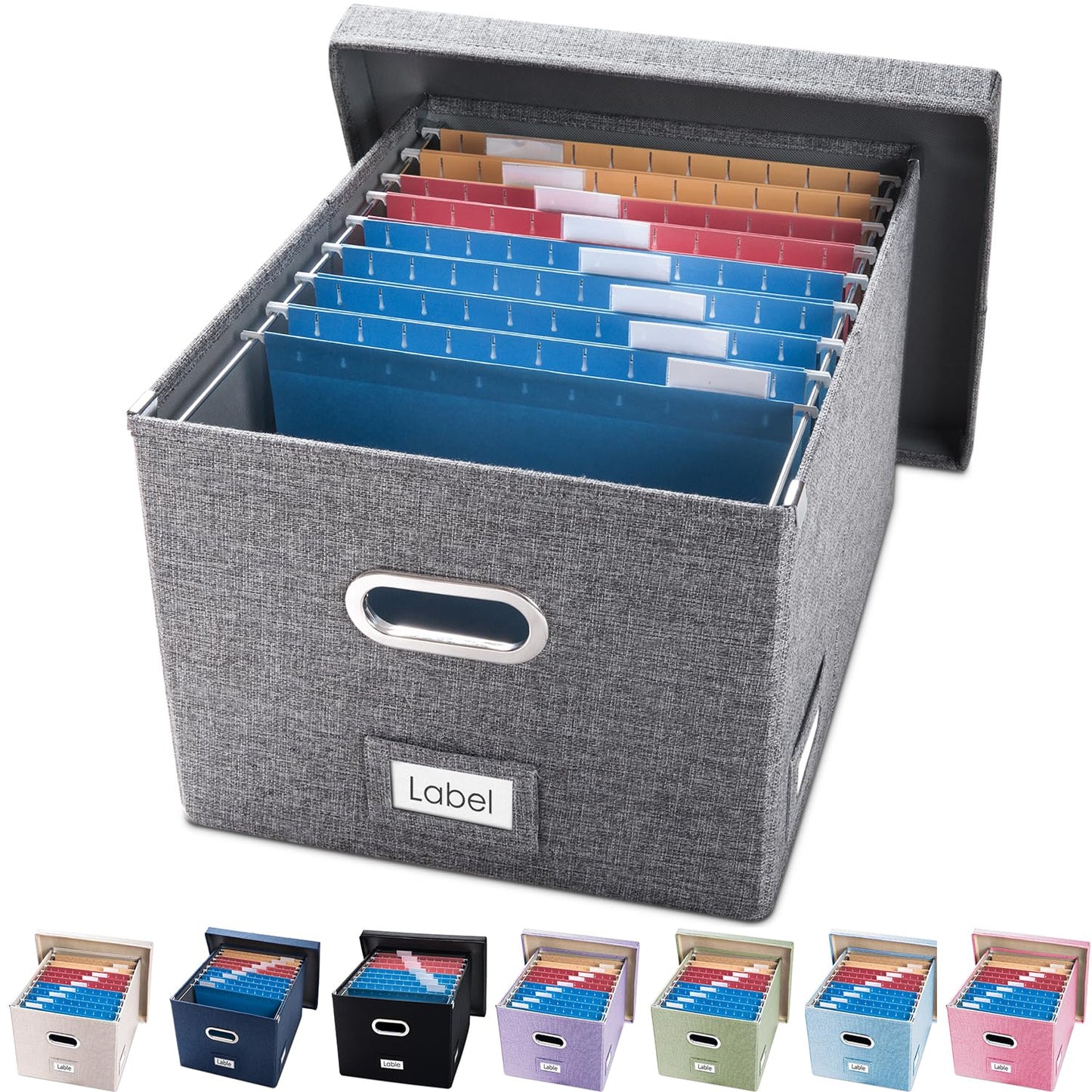 PRANDOM File Organizer Box - Set of 1 Collapsible Decorative Linen Filing Storage Hanging File Folders with Lids Office Cabinet Letter/Legal Size Grey (17x14x11.2 inch)