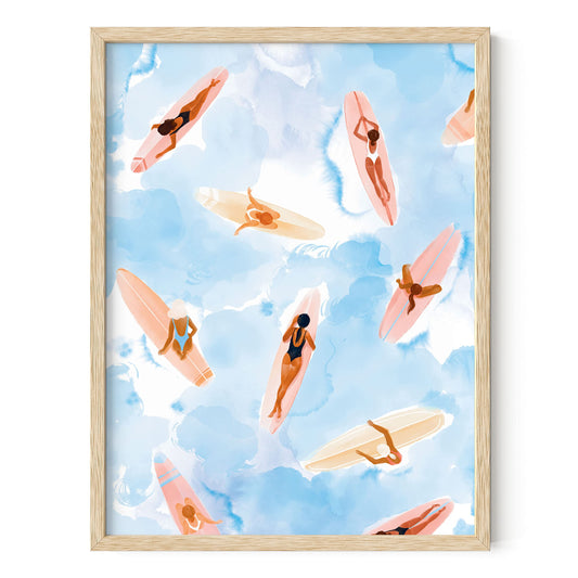 HAUS AND HUES Surfing Beach Wall Art - Watercolor Surfboard Print, Coastal Room Decor (Beige Frame, 12x16)