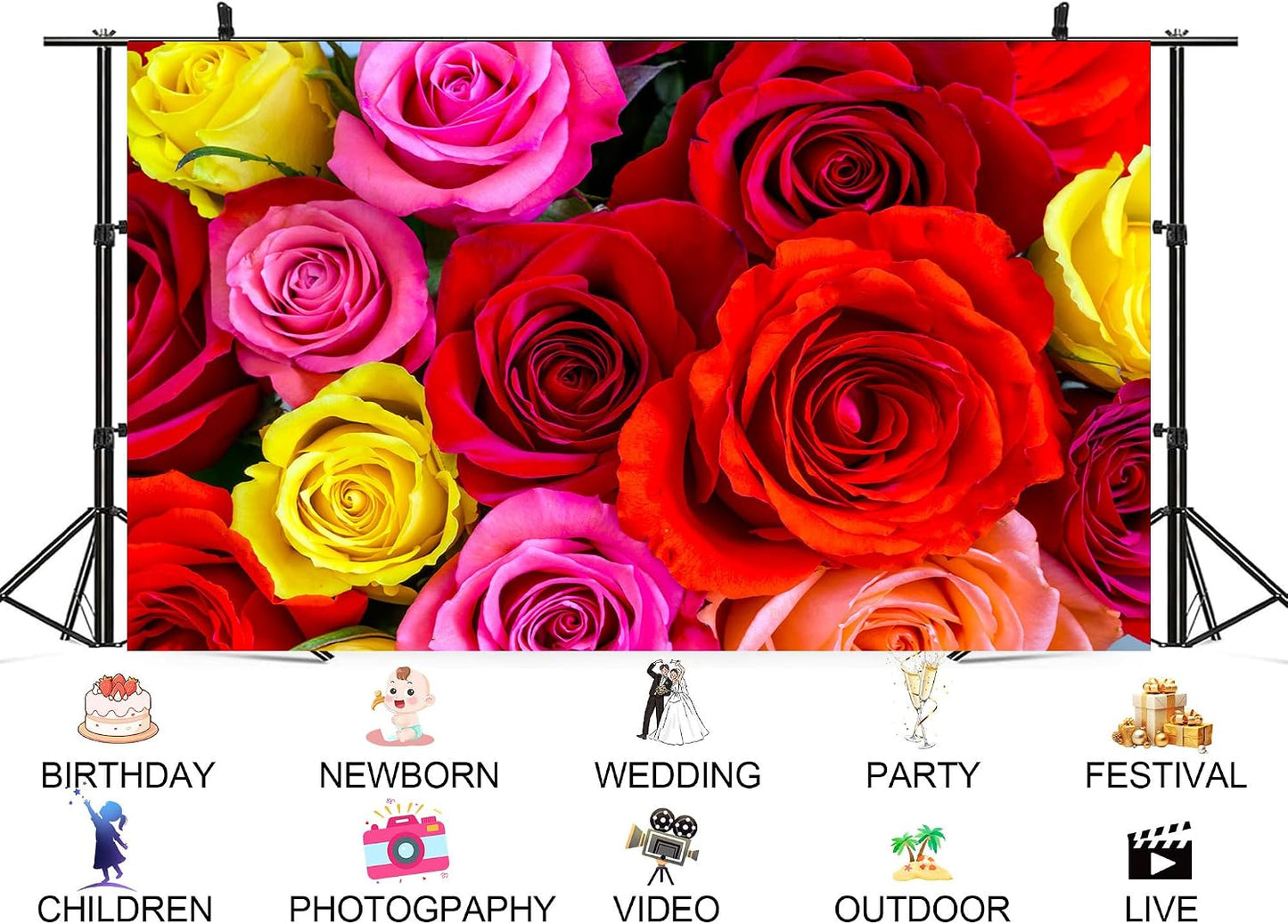UPXIO 8x6ft Colorful Rose Bouquet Backdrop Mixed Red Pink Yellow Roses Photo Background Tapestry for Valentine's Day