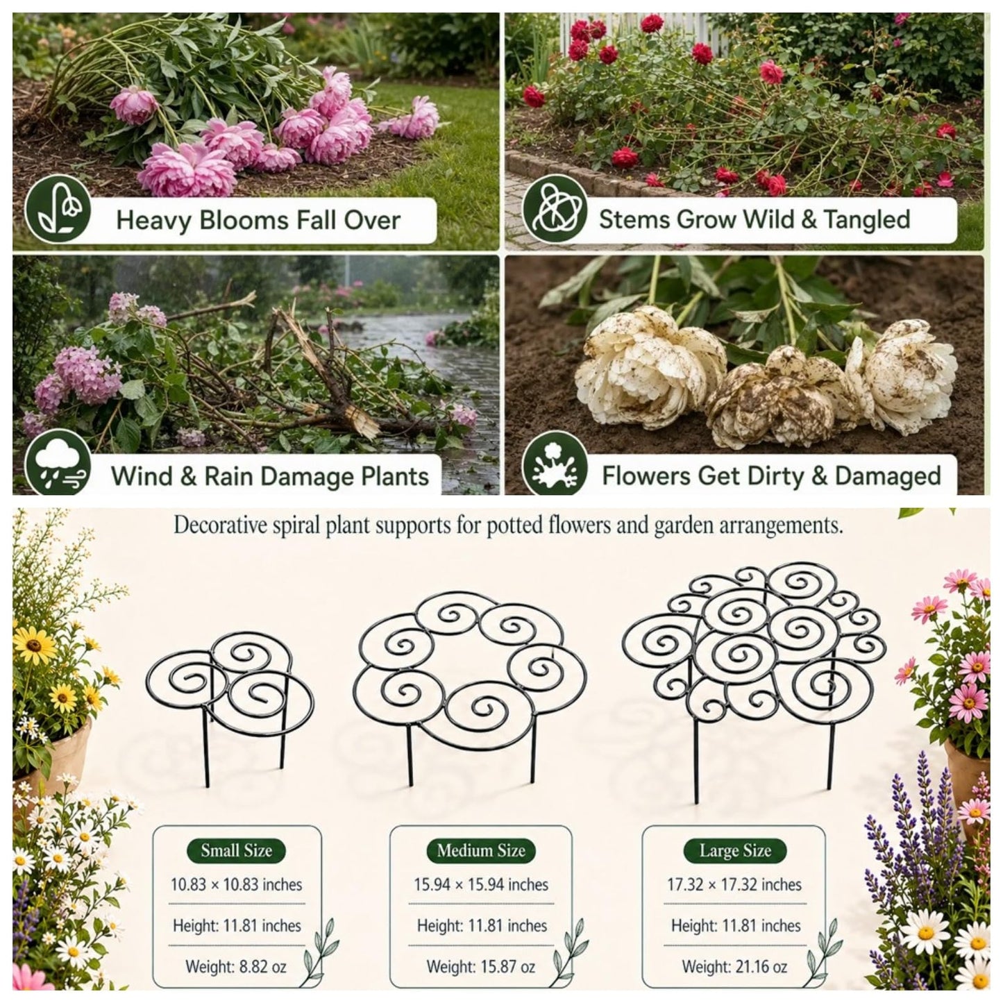 Peony Cages and Supports–Heavy Duty Metal Plant Support Ring for Garden, Grow Through Plant Support Stakes for Roses Hydrangeas, Outdoor Flower Cage with Weather-Resistant Iron Frame (1 pcs Large)