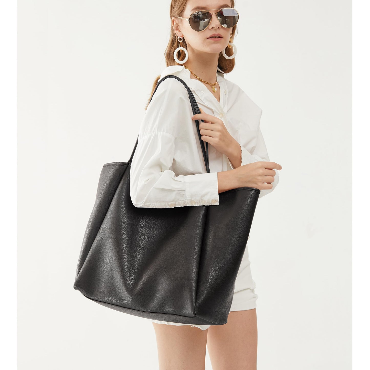 Oversize Pu Leather Tote Women Weekender Bag Shopper Handbag Travel Purse (Black)
