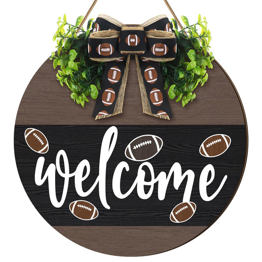Moucuny Football Wreath for Front Door Football Wooden Welcome Hanging Sign Wreaths with Bow Farmhouse Wall Decoration for Home Front Porch Decor