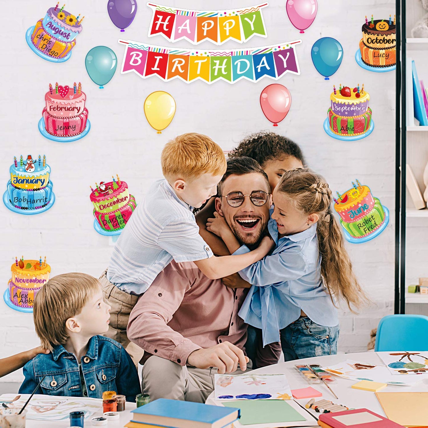 Outus 20 Pcs Happy Birthday Bulletin Board Set Birthday Chart Classroom Wall Decoration Cutouts B-Day Calendar Poster for School Class Bulletin Board Teaching Supply(Bright Style)