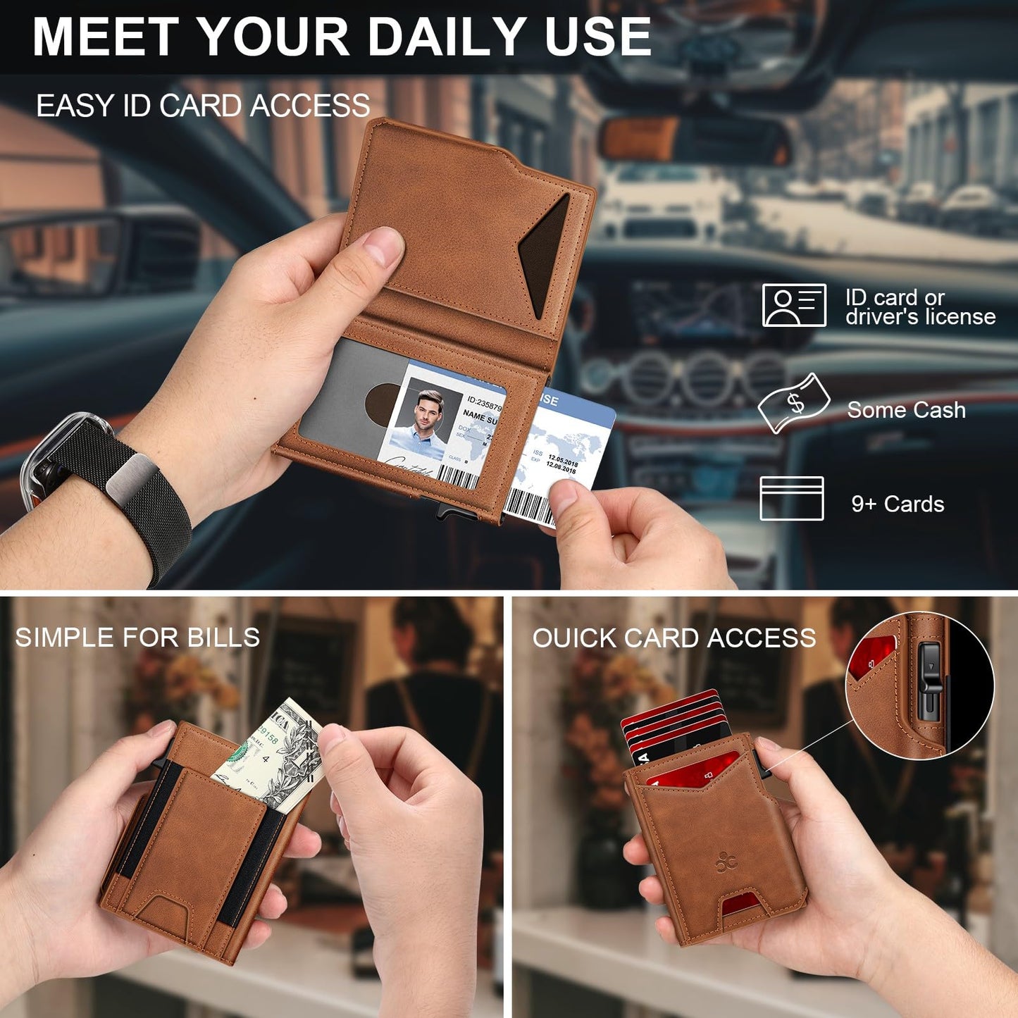Wallet for Men Wallet with Slim Pop Up Card Holder 9-13 Cards, Bifold Minimalist Smart Wallet RFID Blocking Credit Card Holder with ID Window & Stretchable Cash Slot Compact Metal Aluminum Card Case