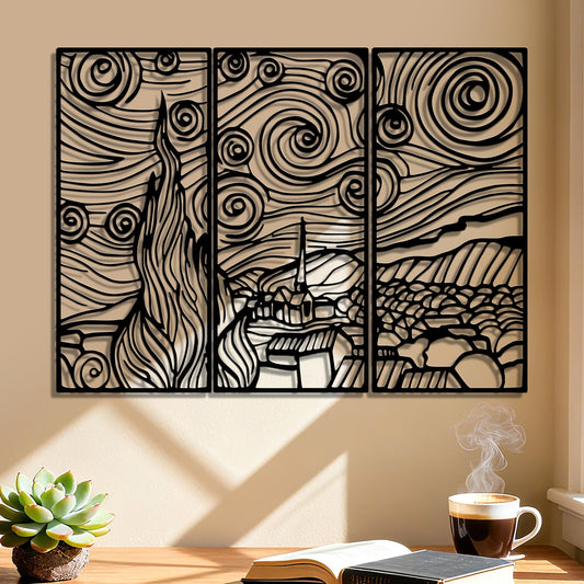 Slickss Starry Night Wall Art Metal,Black Van Gogh Wall Decor-Modern Laser Cut Steel Panel for Living Room, Office, Bedroom-Unique Industrial Home Artwork