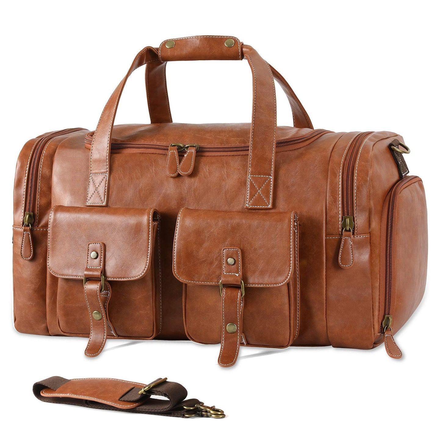 Zeroway PU Leather Travel Duffel Bag with Shoe Pouch Large Carry on Bag Waterproof Weekender Overnight Bag for Men Women Brown