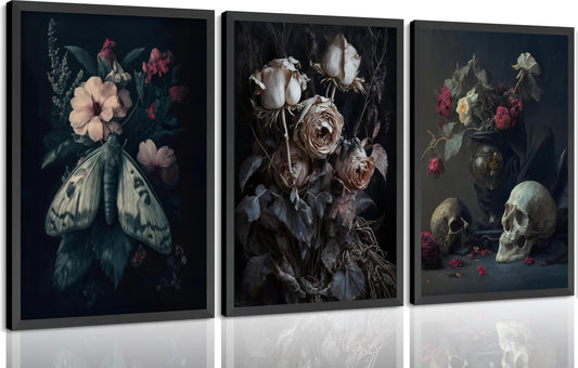 ASEKBWL 3Pcs Gothic Poster Wall Art Dark Academy Moth Rose skull Horror Painting Picture Wall Decor Creepy Moody Halloween Canvas Print Artwork for Bathroom Living Room Study Home Decoration Unframed