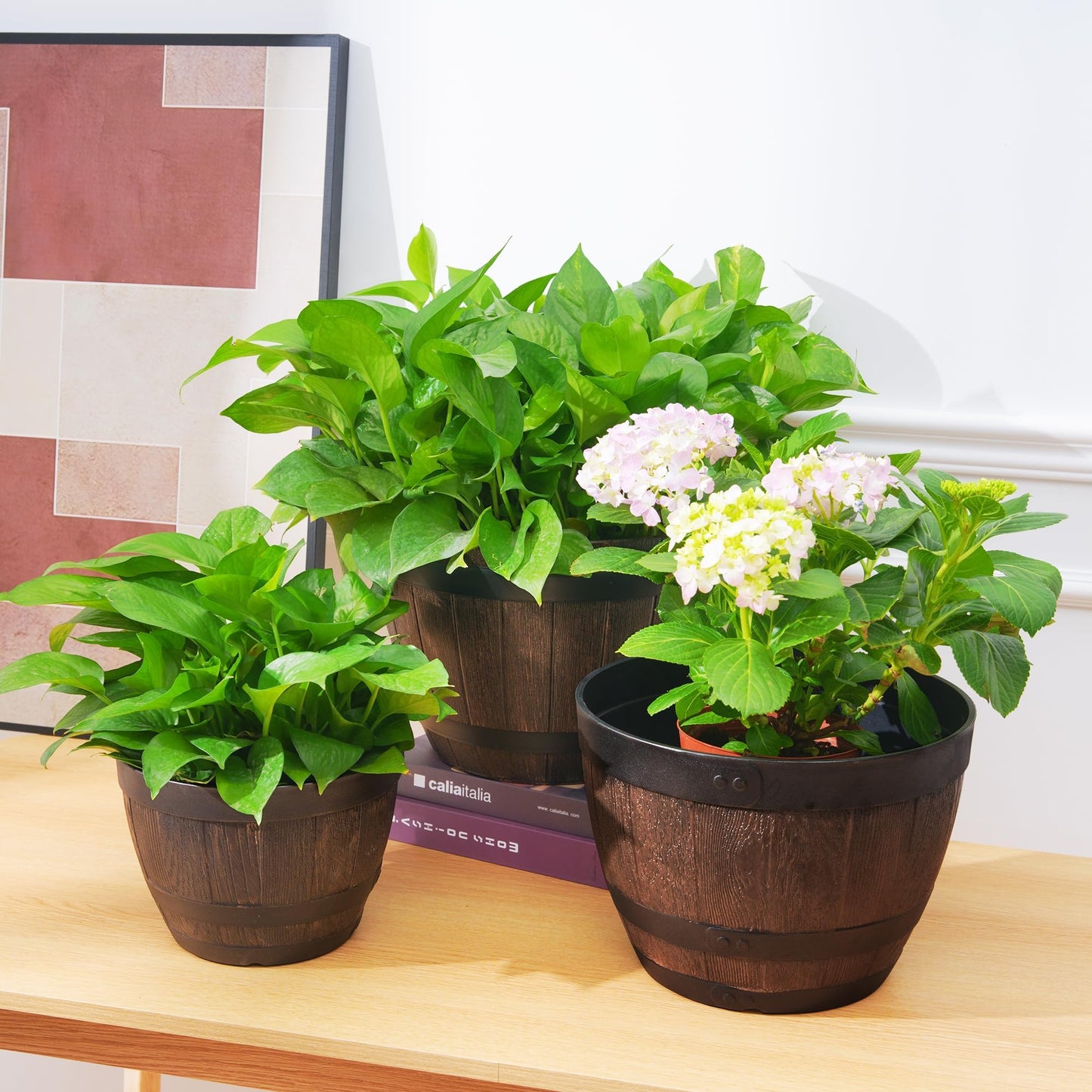 VECELO Plant Pots with Drainage Holes & Saucer, 9 Inch Flower Pots with Tray, 3 Pack Plastic Whiskey Barrel Planters for Indoor & Outdoor Garden Home Plants and Flowers