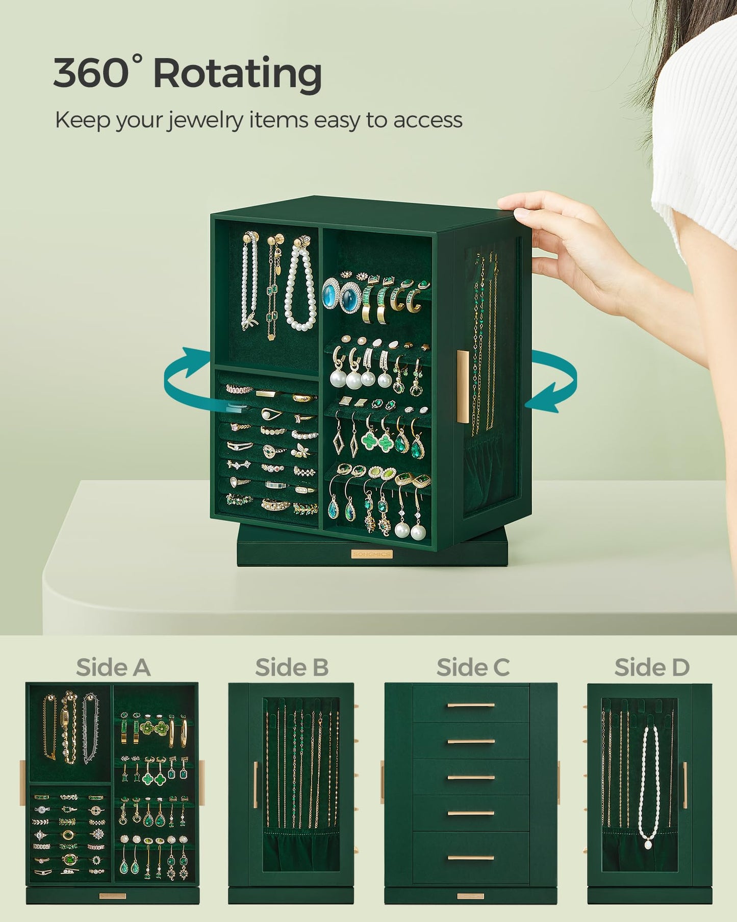 SONGMICS Jewelry Box 360° Rotating, Jewelry Storage Case with 5 Drawers, Jewelry Organizer, Glass Window, Spacious, Vertical Jewelry Storage, Open Design, Great Gift, Forest Green UJBC170C01