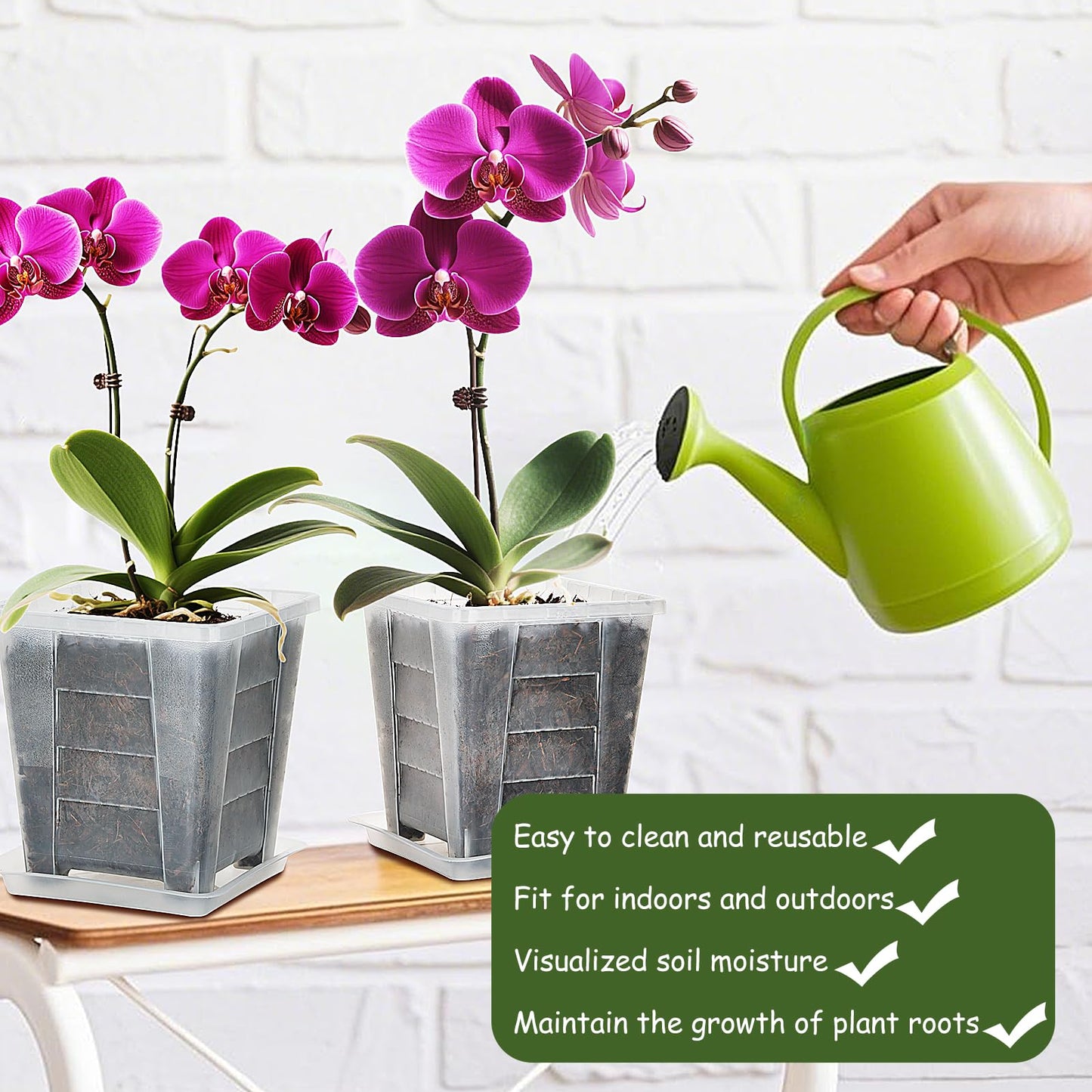 KIMERSE Square Orchid Pot, Clear Flower Pot 6 Pack 6 Inch, Root Control Planting Pots with Tray, Plastic Plant Pot for Home Balcony Orchids, Water Moss, Spider Plants