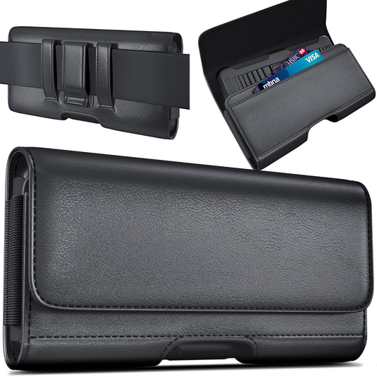 DeBin Cell Phone Case for iPhone 16 16e 15 14 13 12 11 Xs Xs & Pro Models, Leather Belt Clip Holster with ID/Credit Card Pouch, Magnetic Cover - Black