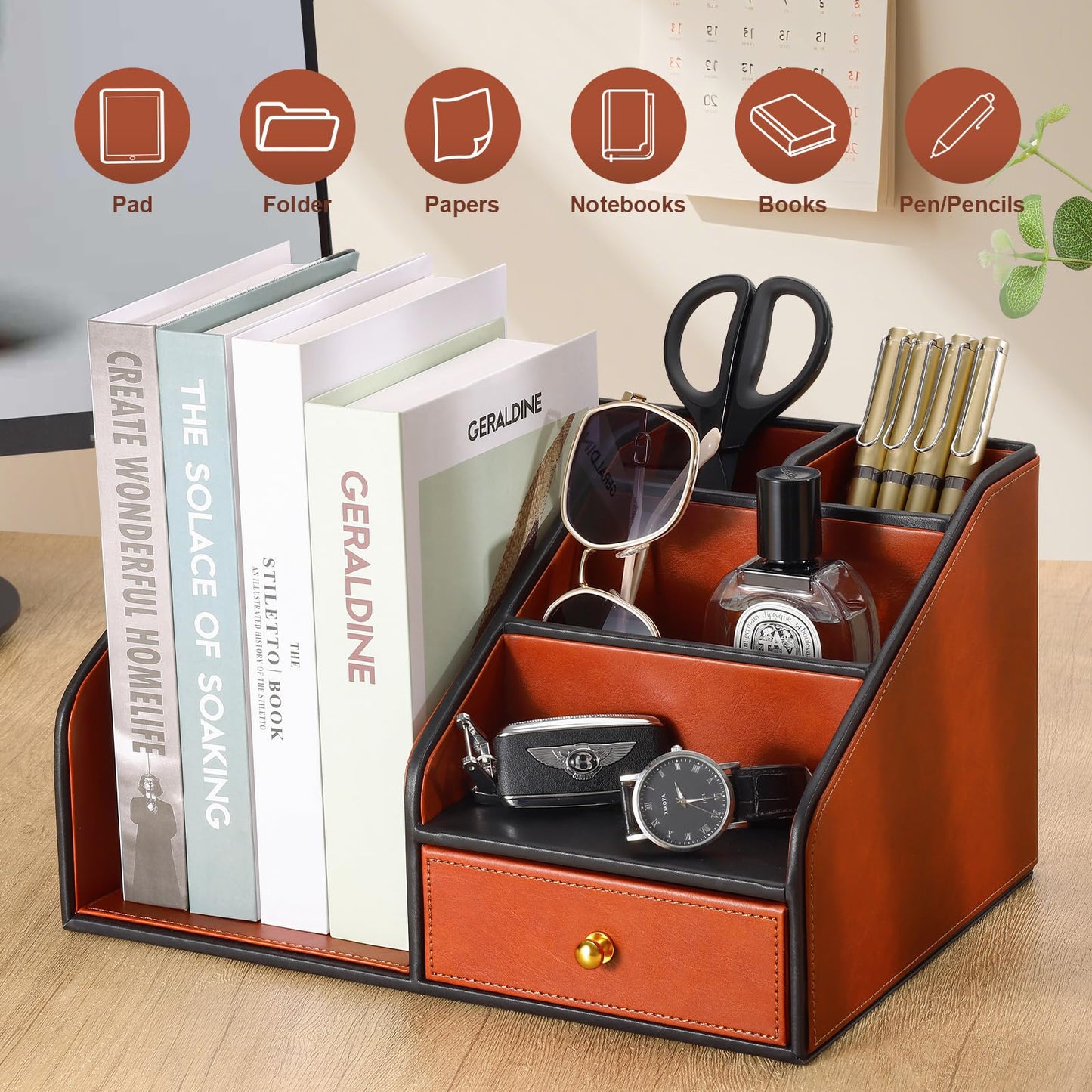 KINGFOM PU Leather Desk Organizer, Multifunction 6 Compartment Desk Organizers and Accessories for Office Supplies, Pen Pencil Holder/Book Mail Organizer Holder for Desk with Drawer (Brown)
