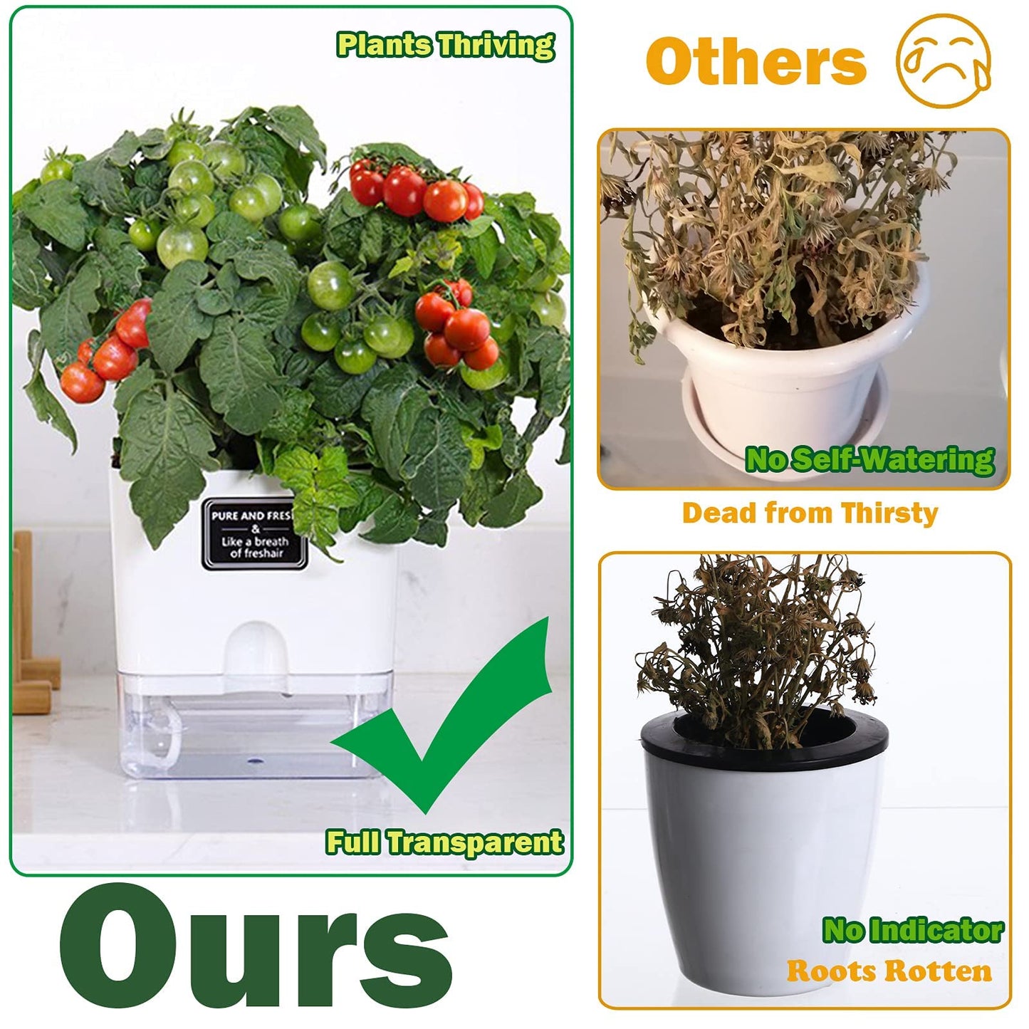 Planterhoma Self Watering Plant Pots for Indoor Plants 7 inch, 4 Packs Rectangle Self-Watering Planters with Drainage Hole, White African Violet Pots for Devil's Ivy, Spider Plant, Orchid, Herb