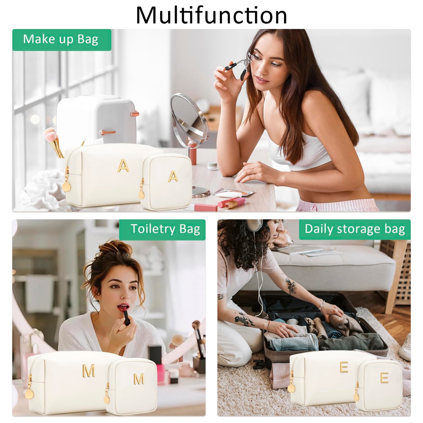 CLOUDWINGS Personalized Birthday Gifts for Women - Initial Makeup Bag Set Travel Toiletry Bag Cosmetic Bags Soft Waterproof PU Leather Makeup Pouch Travel Essentials (M, 2pcs Beige)