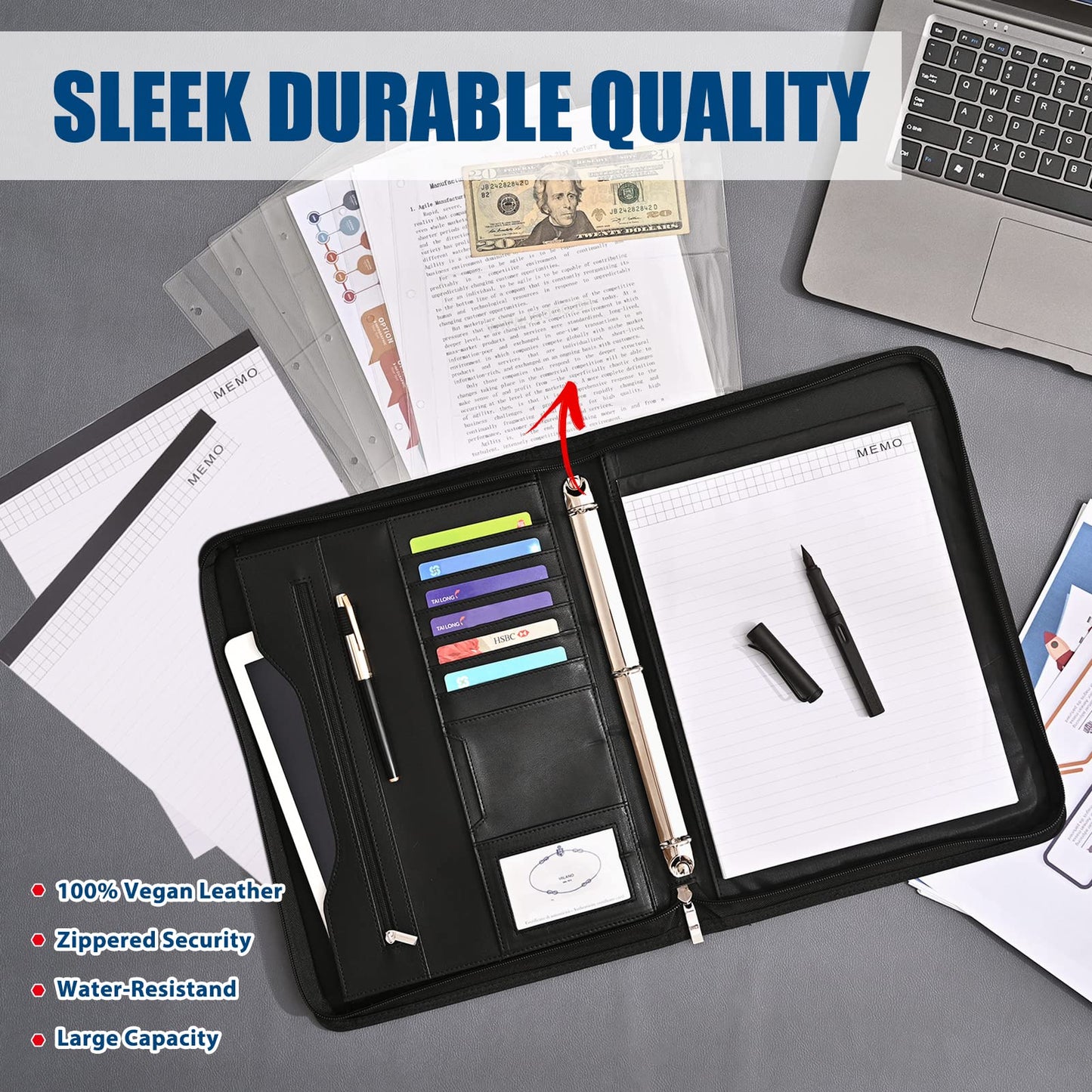 Sbrinnaliao 3-Ring Padfolio Portfolio Binder Organizer,PU Leather Folder Binder Business Planner Notebook Zippered Portfolio for Women/Men with Document Sleeve,Letter/A4 Size Clipboard