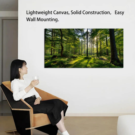 Tarfupth Large Forest Wall Art for Living Room Green Woodland Landscape with Sunlight Modern Nature Wall Decor for Bedroom Office Home Decor 20"x40"