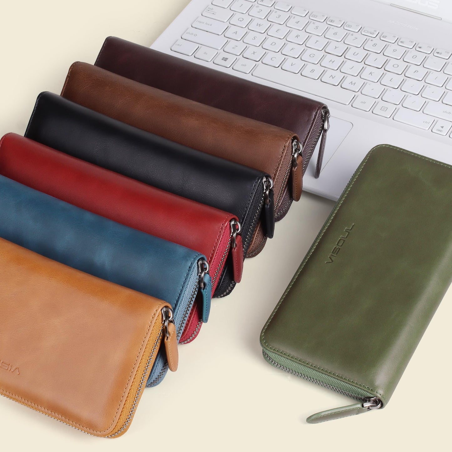 VISOUL Leather Long Zipper Pouch Wallet for Men and Women with RFID Blocking, Large Clutch Cash Long Wallet with Zipper (Coffee)