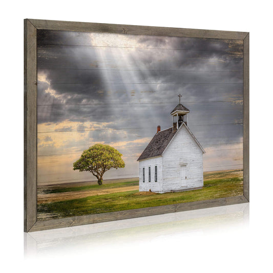 Beautiful Scene Wooden Art Framed: Little House under the Sun Wood Artwork Painting with Framed for Office (12'' x 16'' x 1 Panel)