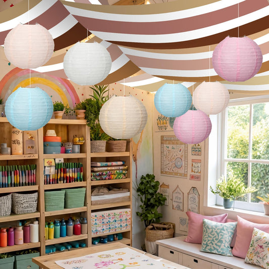 VioraWhite 11 Pcs Boho Pastel Ceiling Decor Include 12 x 2 ft Fluorescent Light Covers 8 Packs Boho Colorful Paper Lanterns Props DIY Hanging Ornament for Classroom Daycare Nursery Party Decorations