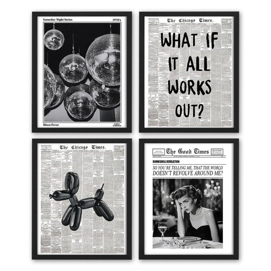 NaZaUK Funky Retro Y2K Wall Art, Black and White Newspaper Wall Art Posters Set of 4, Prints for Bedroom Decor, Trendy Preppy Aesthetic Prints, Sufeasdf 70s Disco Ball, Bar Cart Decor, 8x10 Unframed