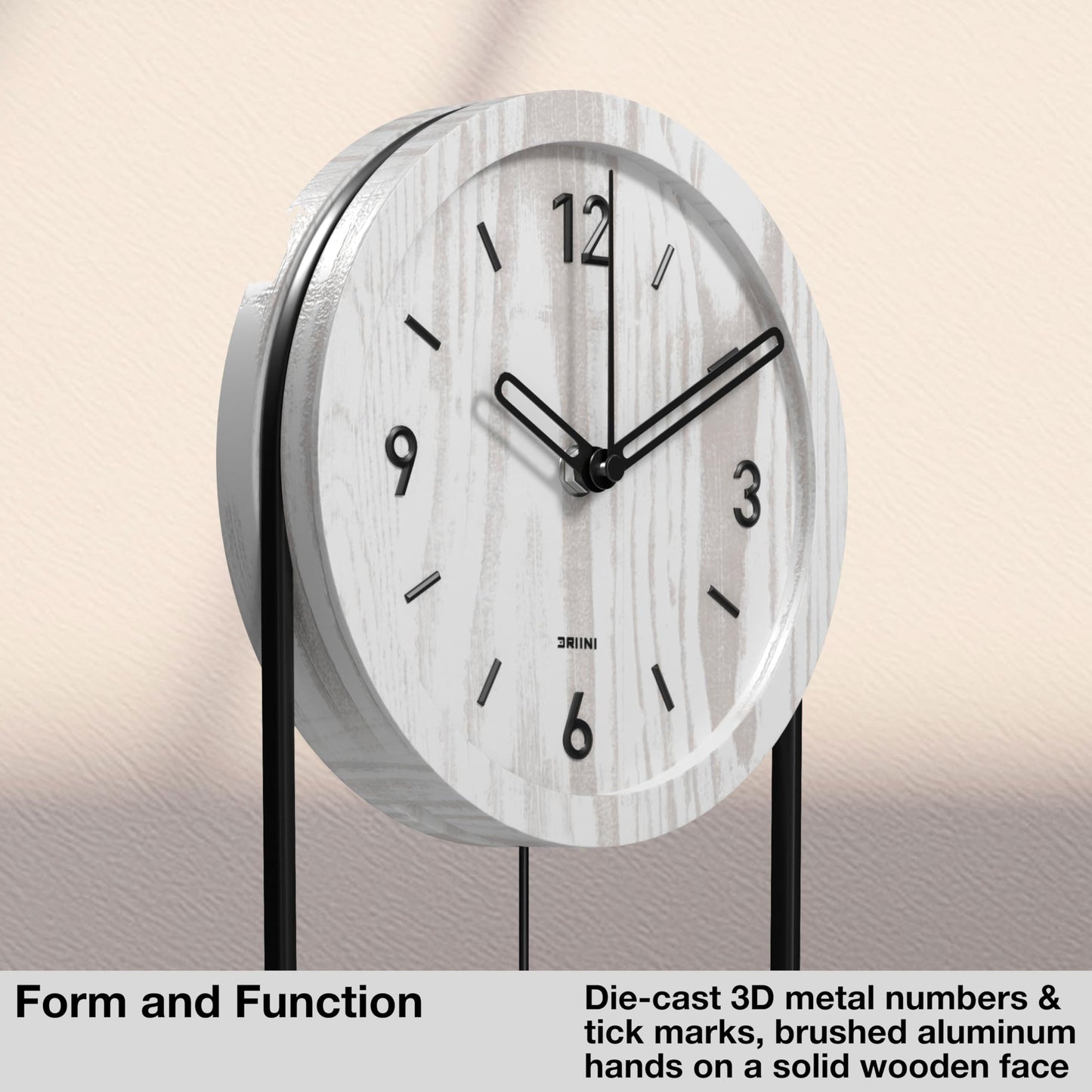 Driini Decorative Wall Clock with Pendulum (White) – Modern Wood, 3D Gold Numbers, Metal Frame – Small, Unique Wall Clocks for Living Room Decor or Bathroom - Battery Operated, Silent, Non-Ticking