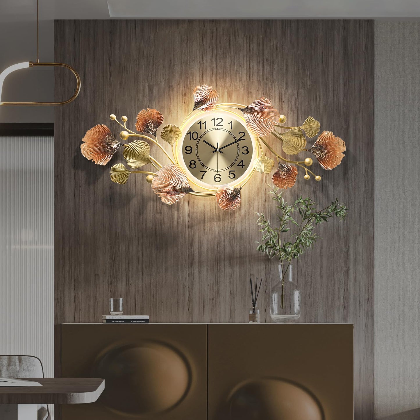 HEBOIX Large Wall Clocks for Living Room Decor with Silent Quartz Movement and 3D Ginkgo Leaf Modern Stylish Decorative Metal Wall Clock for Living Room/Bedroom/Office/Bathroom Wall Art