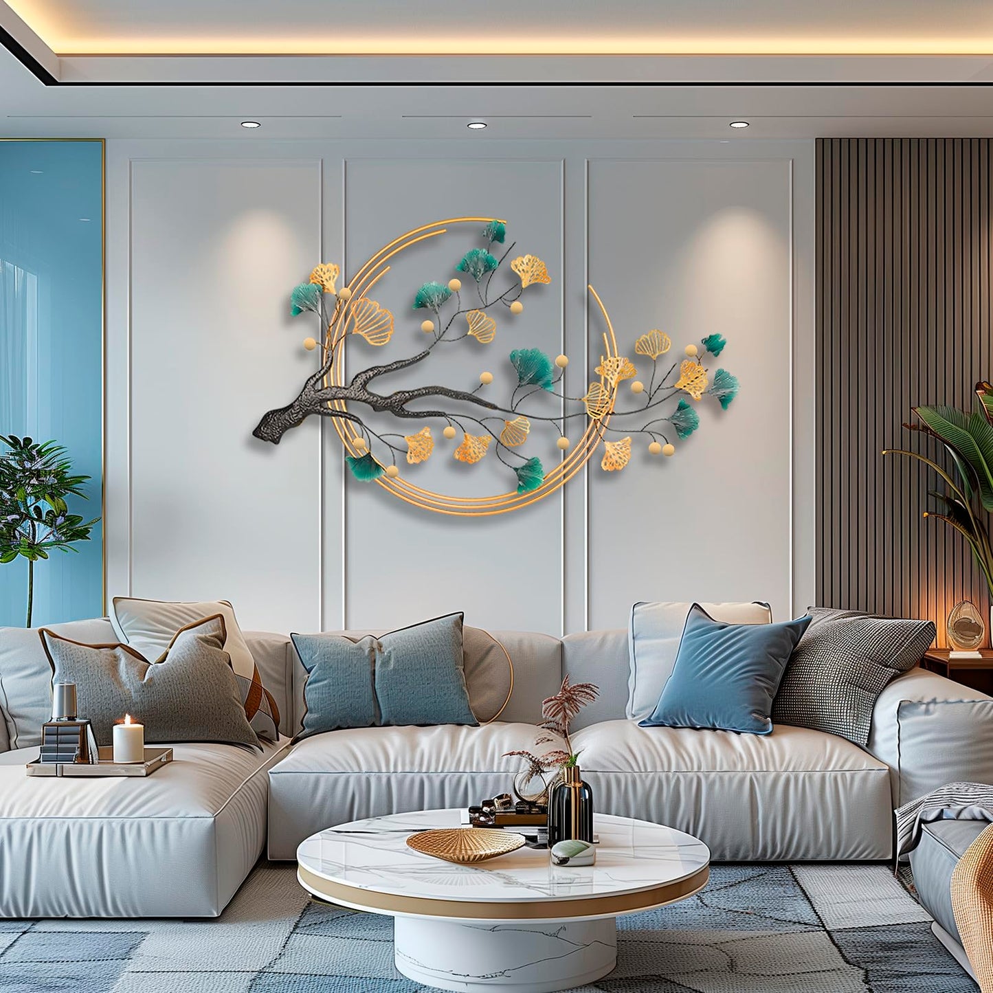 QXSXKJ 3D Metal Wall Art Decor for Living Room Large Modern Wall Sculptures Gold, 59'' Metal Wall-mounted Home Decoration, Creative Ginkgo Décor for Living Room Dining Room Bedroom (ginkgo leaf)