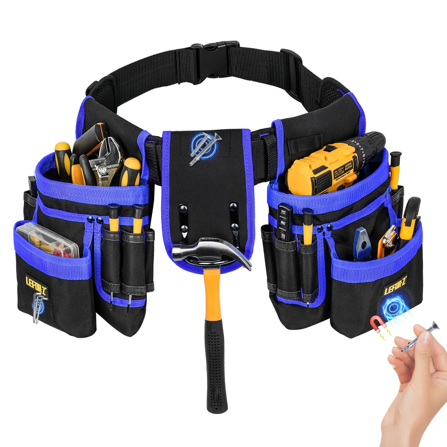 Tool Belt,Magnetic Tool Pouch,27-Pockets Heavy Duty Tool Belts for Men,Detachable Tool Pouch Bag for Electrician,Carpenter,Construction,Work Apron,Utility Belt,Valentines Day Gifts for Men,Black,Blue