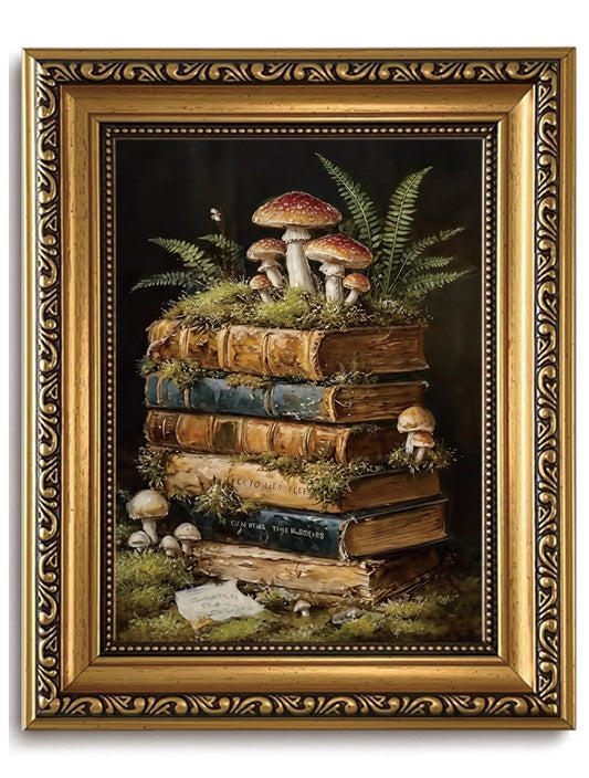 WZGZXU Vintage Gold Framed Wall Art Botanical Wall Decor Dark Academia Canvas Art Cottagecore Stack Books Pictures Gothic Prints Moody Paintings For Bedroom Study Room Library 8x10in