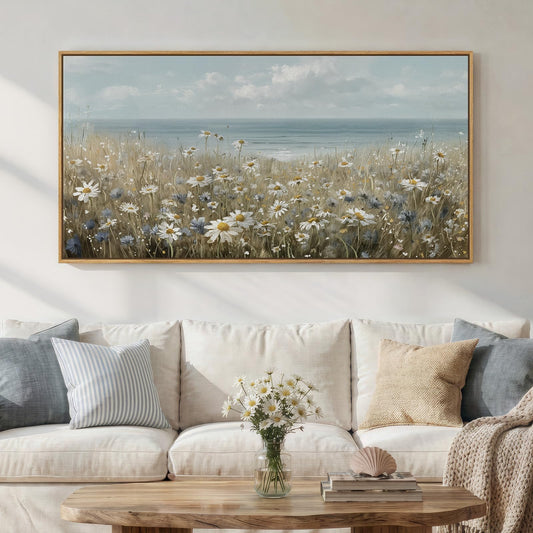 Extra Large Framed Coastal Landscape Wall Art for Living Room, Horizontal Wildflower Seascape Canvas Artwork for Walls, Ocean Scenic Picture Print for Dining Room Bedroom Office Wall Decor, 60x30 Inch