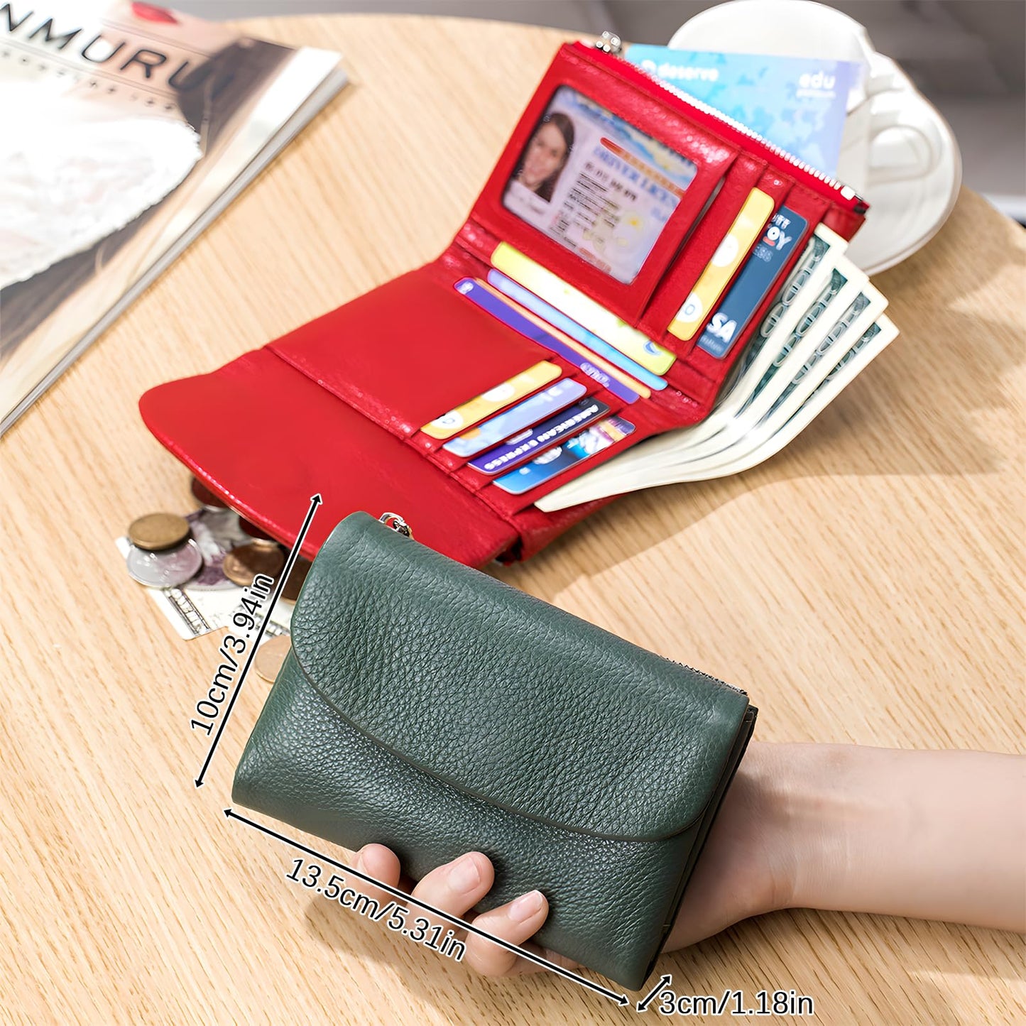 Unisex Pebble Leather Wallet, 5.3In Short Genuine Leather Coin Card Holder, Two zippered pockets, Unisex Clutch Bags, Can Hold Coins, Cards, Id Cards (Yellow)