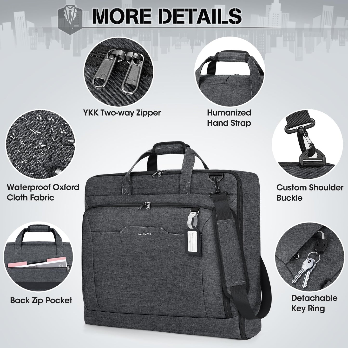 RAINSMORE Garment Bags for Travel Carry On Garment Bag for Hanging Clothes, Suit Bag for Business Trips with Shoes bag & Shoulder Strap, Waterproof Foldable Suit Luggage Bag for Men Women, Gray