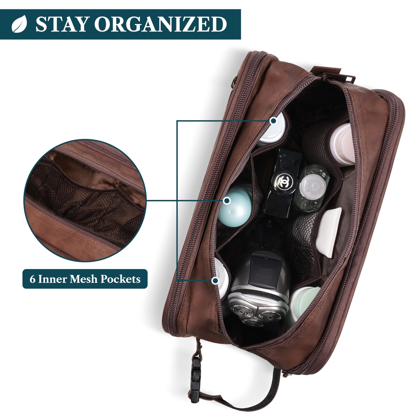 PAVILIA Toiletry Bag for Men, Travel Toiletries Bag | Water-resistant Dopp Kit, PU Leather Shaving Pouch Organizer for Accessories, Cosmetic, Hygiene, Grooming Essentials (Dark Brown)