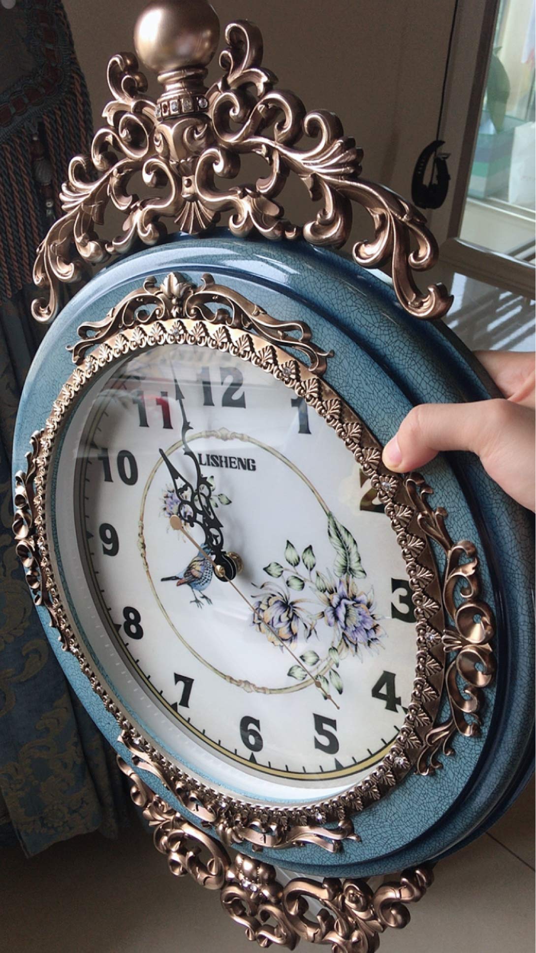 SHISEDECO Elegant, Traditional, Decorative, Hand Painted Modern Grandfather Wall Clock Fancy Ethnic Luxury Handmade Decoration, Swinging Pendulum for New Room or Office. Large. 29.5 Inch. (Blue)