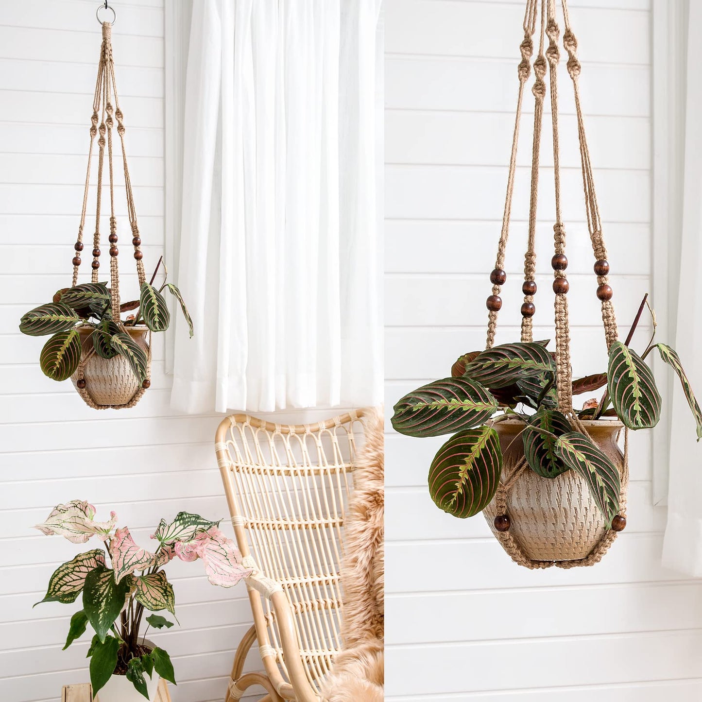 Mkono Set of 2 Macrame Plant Hanger 35 Inch and 43 Inch Indoor Jute Hanging Planter Basket with Wood Beads Decorative Flower Pot Holder No Tassels, Brown (POTS NOT Included)