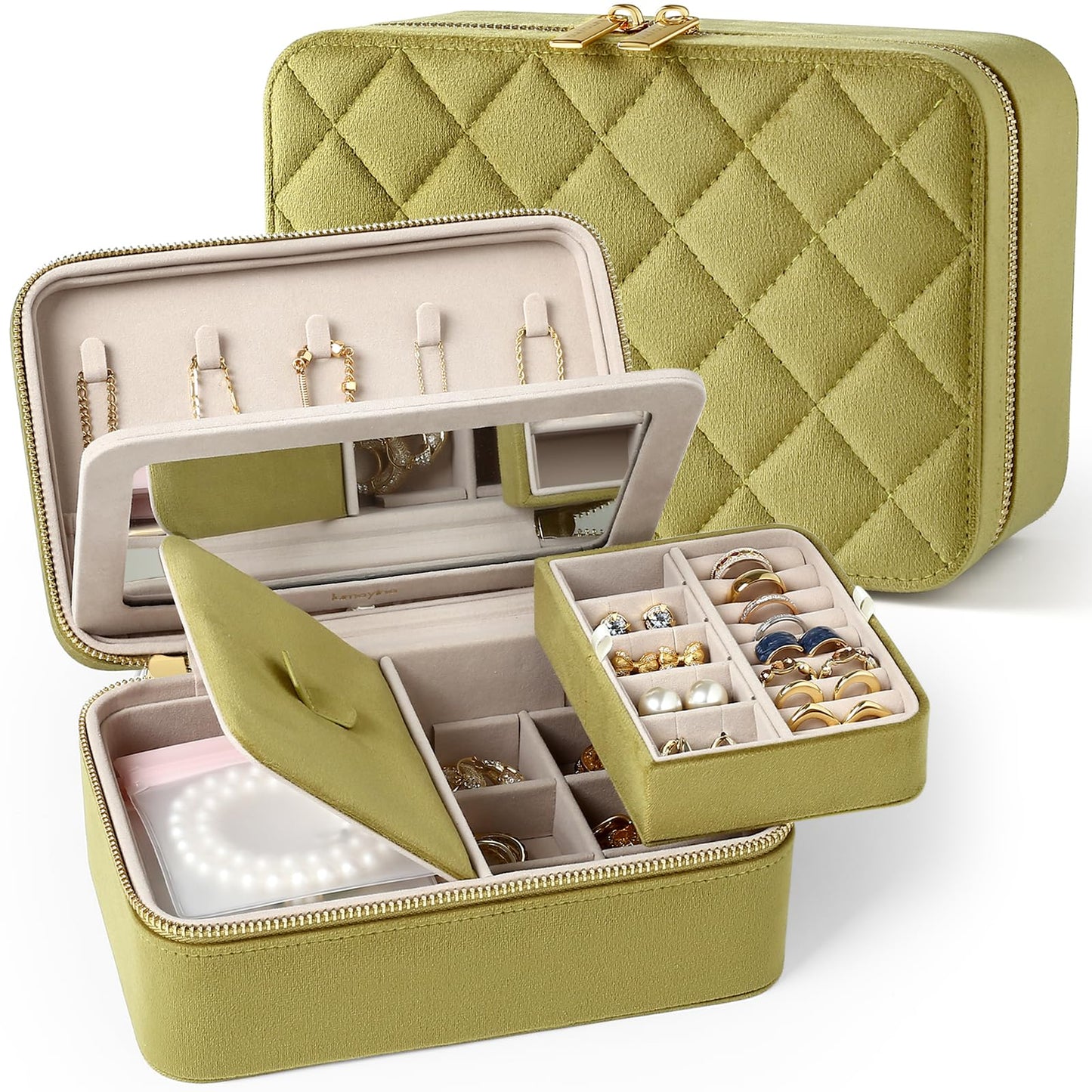Lumayina Velvet Travel Jewelry Box with Large Mirror, Double-Layer Jewelry Organizer Case for Women and Girls, Portable Storage Case with 6 Anti-Tarnish Bags Gift Ready for Her (Avocado Green)
