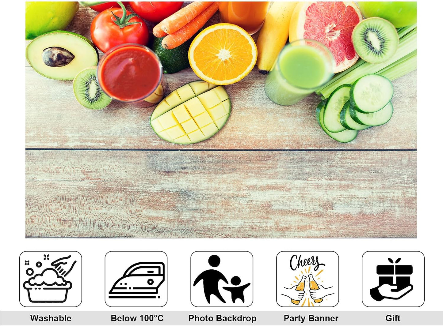 KeyWork 8x8ft Fresh Fruit Smoothie Backdrop Colorful Produce Wooden Table Photography Background for Healthy Themed