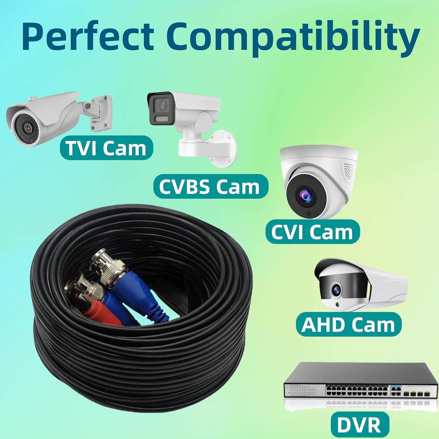 2 Pack 100ft (30M) 4K 4 100 Ultra HD BNC Video Cable Wire, Security Camera Extension Cable, All-in-One Siamese CCTV