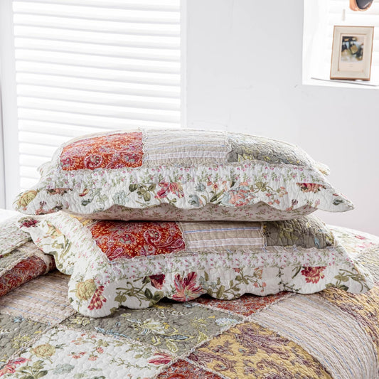 YAYIDAY Bedspread Queen Size Patchwork Quilt Set - 100% Cotton Reversible Breathable Red Multicolor Quilted Quilt with Pillow Shams for All Seasons