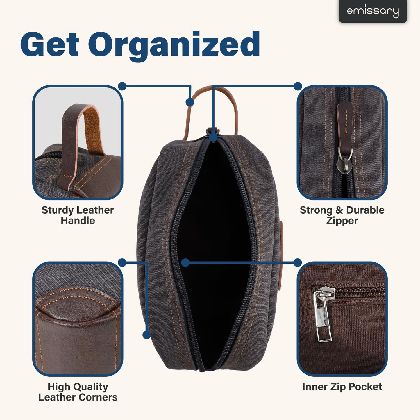 emissary Toiletry Bag for Men, Canvas Travel Toiletry Bag Men's Dopp Kit, Water-resistant Bathroom Bag Mens Shaving Kit, Travel Kit Small Bags, Shaving Bag, Toiletry Bags