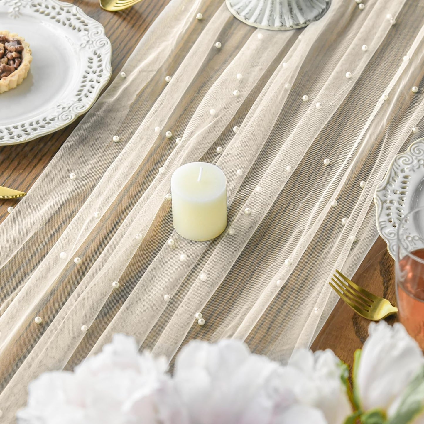 Artoid Mode Pearl Beige Gauze Table Runner 120 Inch 10FT, Seasonal Sheer Dining Holiday Wedding Birthday Baby Shower Table Decor for Home Party