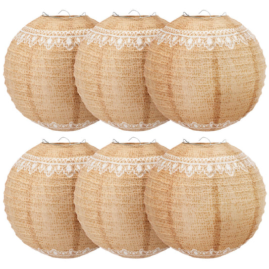Glooglitter 6 Pcs Burlap Paper Lanterns Rustic Hanging Paper Lantern Decor for Weddings, Bridal Showers, Party Decorations, Boho Farmhouse Ceiling Decor, Indoor Outdoor Event DIY Hanging Lanterns