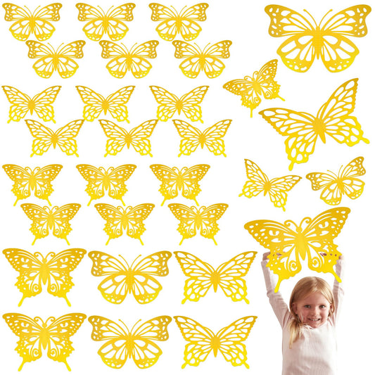 Yeaqee 24 Pcs Large Butterfly Party Decoration 3D Butterflies Wall Decor Set 2 Sizes 3 Styles Large Stickers for Birthday Baby Shower Nursery Bedroom Wedding Decor Cutouts (Gold)